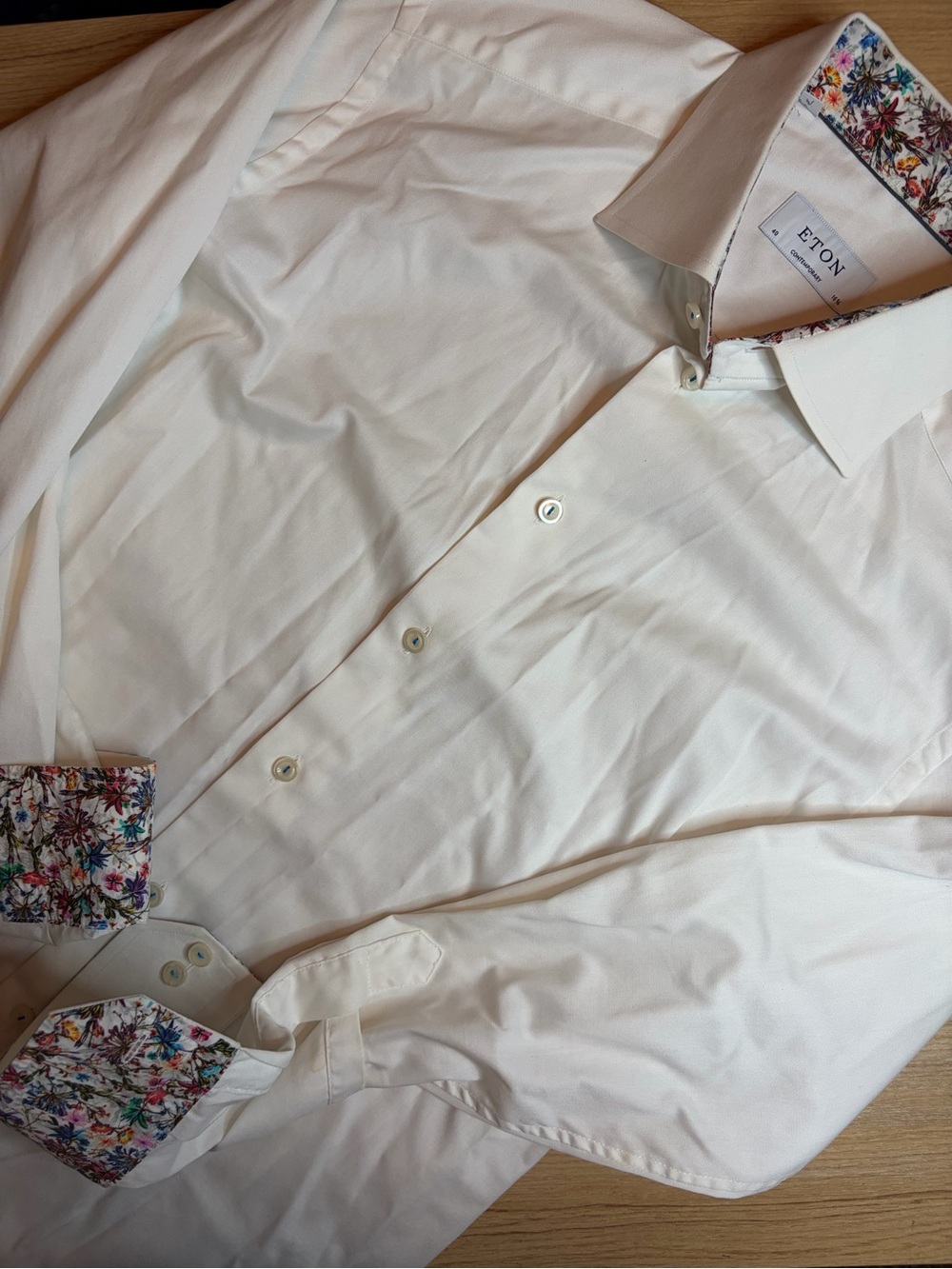 Eton Contemporary Fit White Floral Cuff Collar Accent Dress Shirt 40 15 3/4
